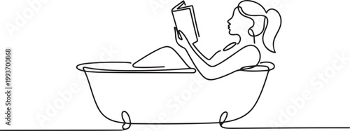 Continuous one line design of a woman is soaking in the bathtub while reading a book. Minimalist style vector illustration. one line Icon drawing