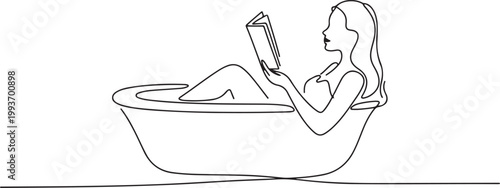 Continuous one line design of a woman is soaking in the bathtub while reading a book. Minimalist style vector illustration. one line Icon drawing