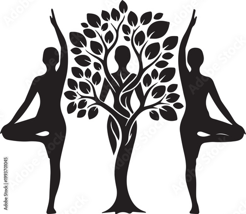 Celebrating yoga day silhouette of people in yoga poses with a tree
