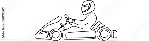 Continuous one line drawing of Karting driver on race . Go-Kart Racers Drive single line art illustration. Editable vector. one line Icon drawing