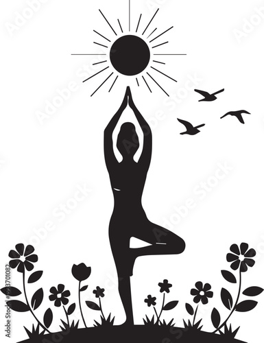 Celebrating yoga day silhouette of a yogi in nature with sun and birds