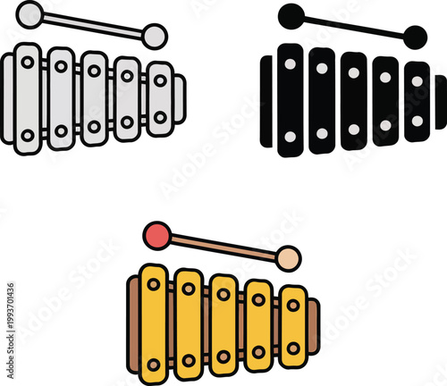 Three colorful xylophone illustrations in different styles and colors on white background