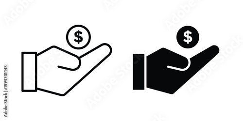 Hand holding money icon. Line and glyph solid vector collection.