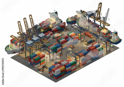 Global Trade Logistics Isometric Vector Illustration of a Busy Shipping Port with Cranes and Containers