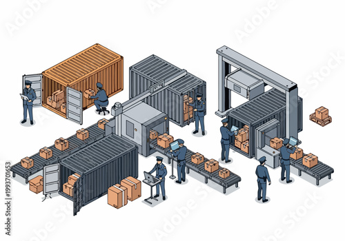 Isometric vector illustration of a logistics and shipping container loading and unloading process with conveyor belts and workers