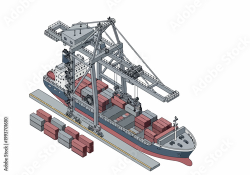 Vector illustration of a shipping port with a cargo ship being loaded by a crane and containers