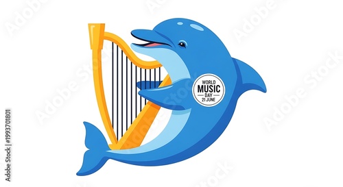Blue dolphin plays harp celebrating world music day on June twenty first with festive sound
