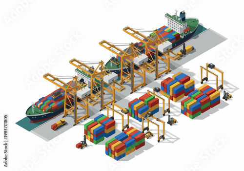 Isometric vector illustration of a busy shipping port with cranes, cargo containers, and a ship, representing global trade and logistics operations