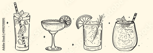 Hand drawn mega  collection of retro cocktails and drinks in various glasses. Vintage vector illustration of classic beverages in sketch doodle style for bar, wedding, or holiday party menu.