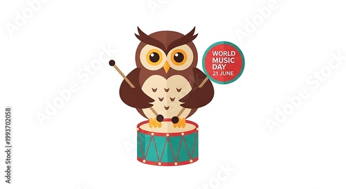Cute cartoon owl playing drum celebrating world music day on 21 june with colorful decoration