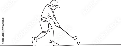One single line drawing of young sporty golf player hit the ball. one line Icon drawing