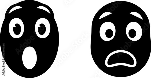 Surprised and scared emoji face icons, shocked facial expression vector set, black silhouette emoticons with wide eyes and open mouths