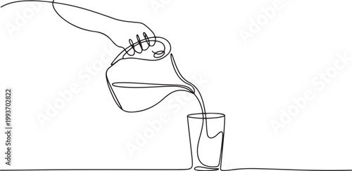 Continuous single line sketch drawing of hand pouring a jug tea pot jar of fresh milk juice into glass. one line Icon drawing
