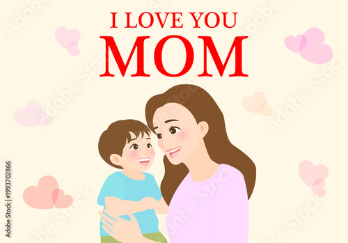 Mother’s Day Greeting Card with Illustration of Mother and Son on Ivory Background