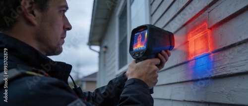 Man using thermal imaging camera to inspect house wall