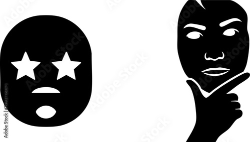 Minimalist facial expression icons, black silhouette of thinking face and star eye emoji, modern vector character head symbols for social media