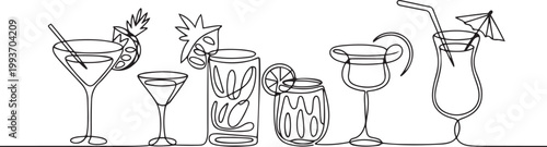 Continuous one line drawing of exotic cocktail drinks vector illustration. Editable outline. one line Icon drawing