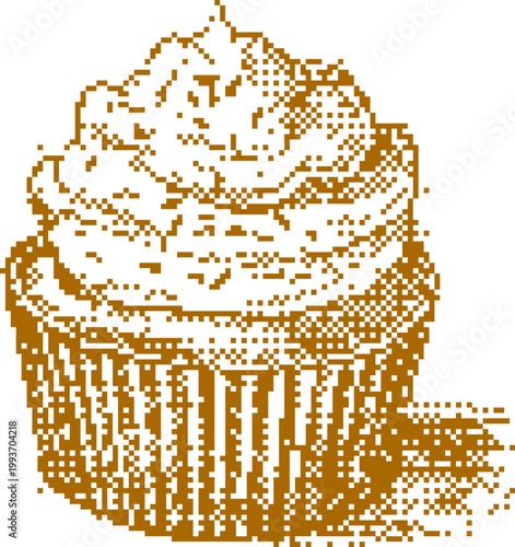 Pixelated cupcake with frosting and sprinkles in a brown vintage style on a white background