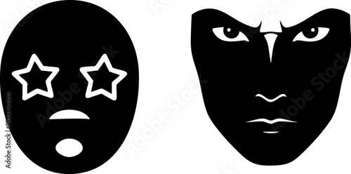 Black facial mask silhouettes, cosmetic skin care sheet mask icons, beauty treatment face mask vector set for spa and dermatology branding