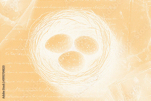 Three small eggs nestled in a woven circular nest with a soft warm sepia tone overlay