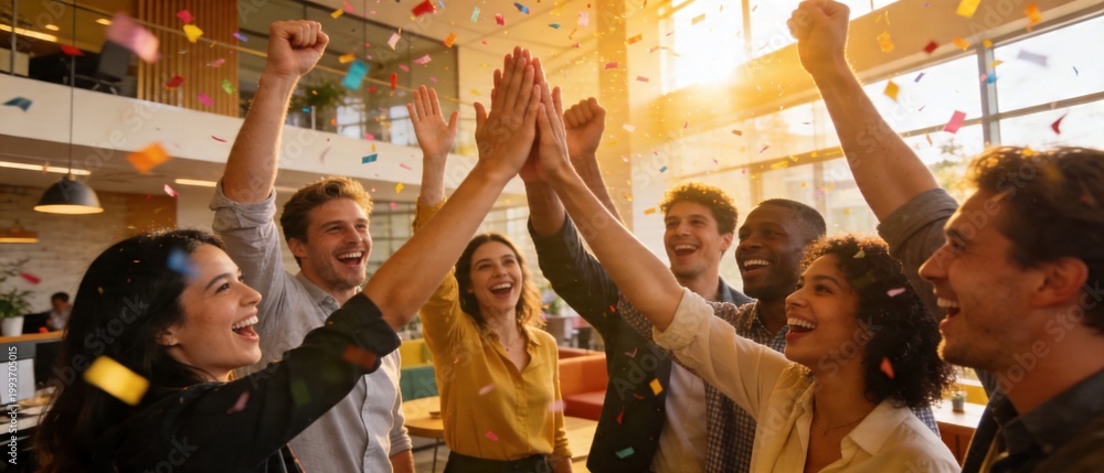Fototapeta premium Diverse coworkers celebrating success with confetti in office