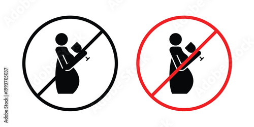 No alcohol during pregnancy period sign. Line and glyph solid vector collection.