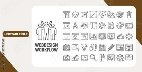 Web Design and Workflow web icons in line style. Web Design, process, planning, strategy, teamwork, productivity, task, step, action, worker. Editable stroke. Vector illustration.