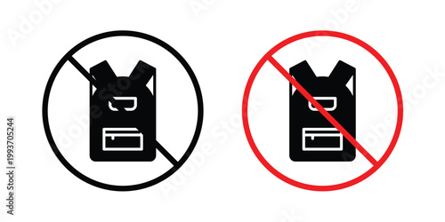 No backpacks allowed sign. Line and glyph solid vector collection.