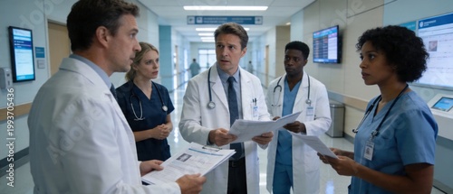 Diverse Medical Team Discussing Patient Charts in Hospital Corridor