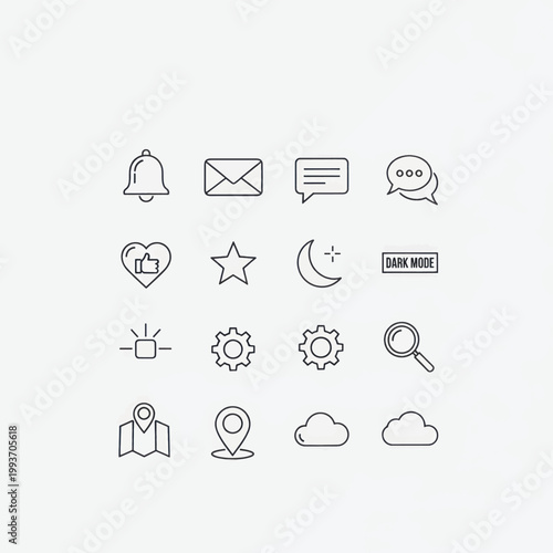 Set of thin outlined icons featuring various symbols such as bell, envelope, chat, heart, star and gears in a minimalist monochrome style.