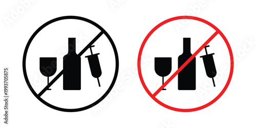 No drugs or alcohol sign. Line and glyph solid vector collection.
