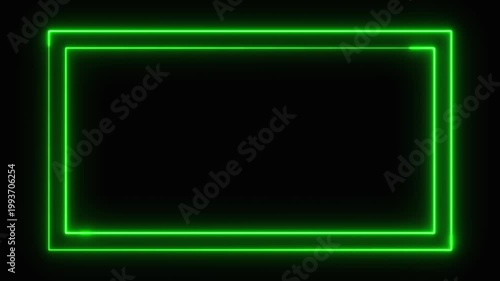 Glowing neon green rectangular frame animation drawing and vanishing on a black background, modern, technology, digital display, or video overlay
