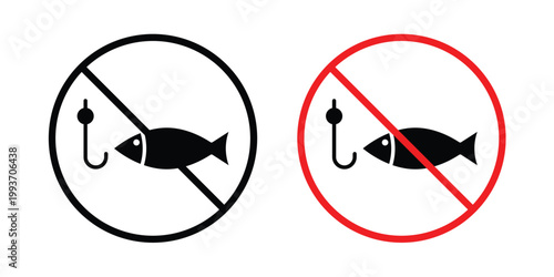 No fishing sign. Line and glyph solid vector collection.