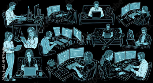 AutoCAD Work From Home People Vector Set – Remote Digital Lifestyle Multiview Smart Work Poses Cyan Outline on Black Background