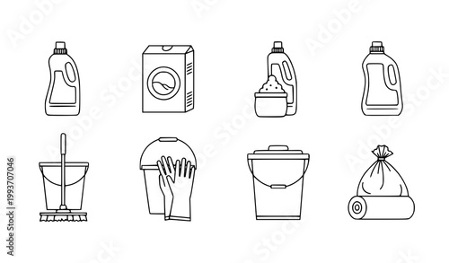 Household cleaning icons vector set detergent mop gloves trash bags