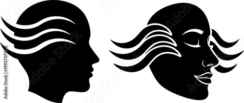 Minimalist human head silhouette with wind waves, abstract profile of face with flowing energy lines, black and white conceptual vector art