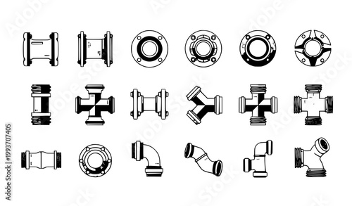 Pipe fittings icon set vector steel tube flange coupling industrial design