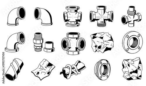Metal pipe tube icons vector set industrial fittings flange coupling design