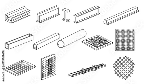 Hot rolled steel icon set vector structural metal products outline collection