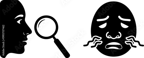 Dermatology skin examination icons, magnifying glass inspecting facial skin, black silhouette vector of person with skin irritation and rash