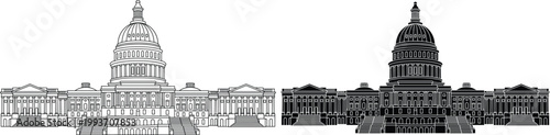 The United States Capitol building in Washington D.C. in black and white and silhouette illustration