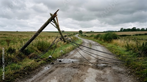 Power lines lie on the ground across a dirt road in a rural setting. The sky is cloudy and the area appears rural with fields in the background