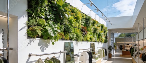 Modern clothing boutique with interior vertical garden wall