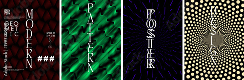 A series of four modern art abstract posters with vibrant colors and geometric patterns. Each poster features different event details, showcasing optical illusion and design.