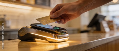 Hand using gold credit card and smartphone for contactless payment
