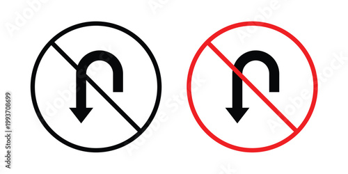 No u turn road sign. Line and glyph solid vector collection.