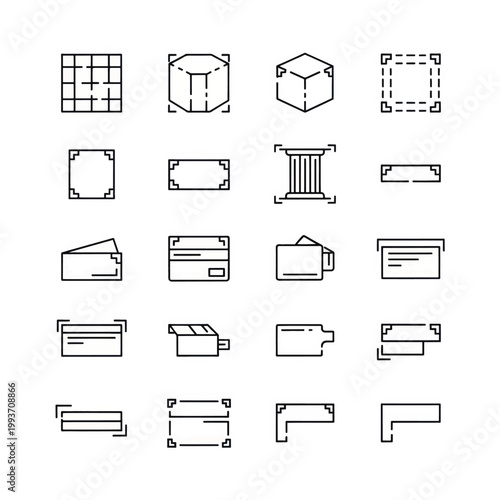 An assortment of outlined 3D boxes and rectangular frames in various perspectives and styles.