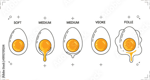Breakfast Egg Cooking Stages Vector Set Featuring Soft Boiled, Medium, and Hard Boiled Eggs with Realistic Yolks for Culinary and Recipe Design ****Breakfast Egg Cooking Stages Vector Set Featuring 