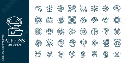 Artificial Intelligence Icon Set with AI Brain, Machine Learning, Robot, Data Network and Futuristic Technology Vector Collection