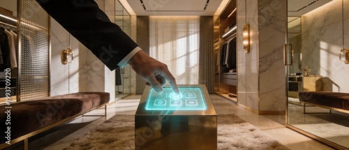 Man Using Smart Home Touch Screen in Luxury Walk-In Closet